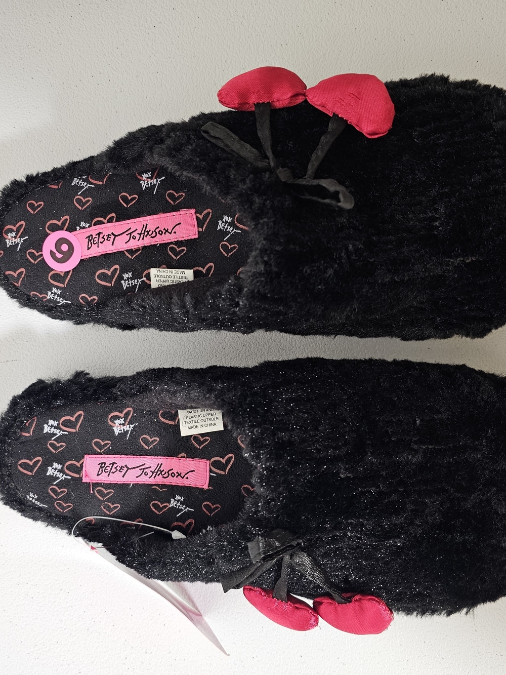Betsey Johnson Black Fuzzy Slippers with Pink Cherry Bows
